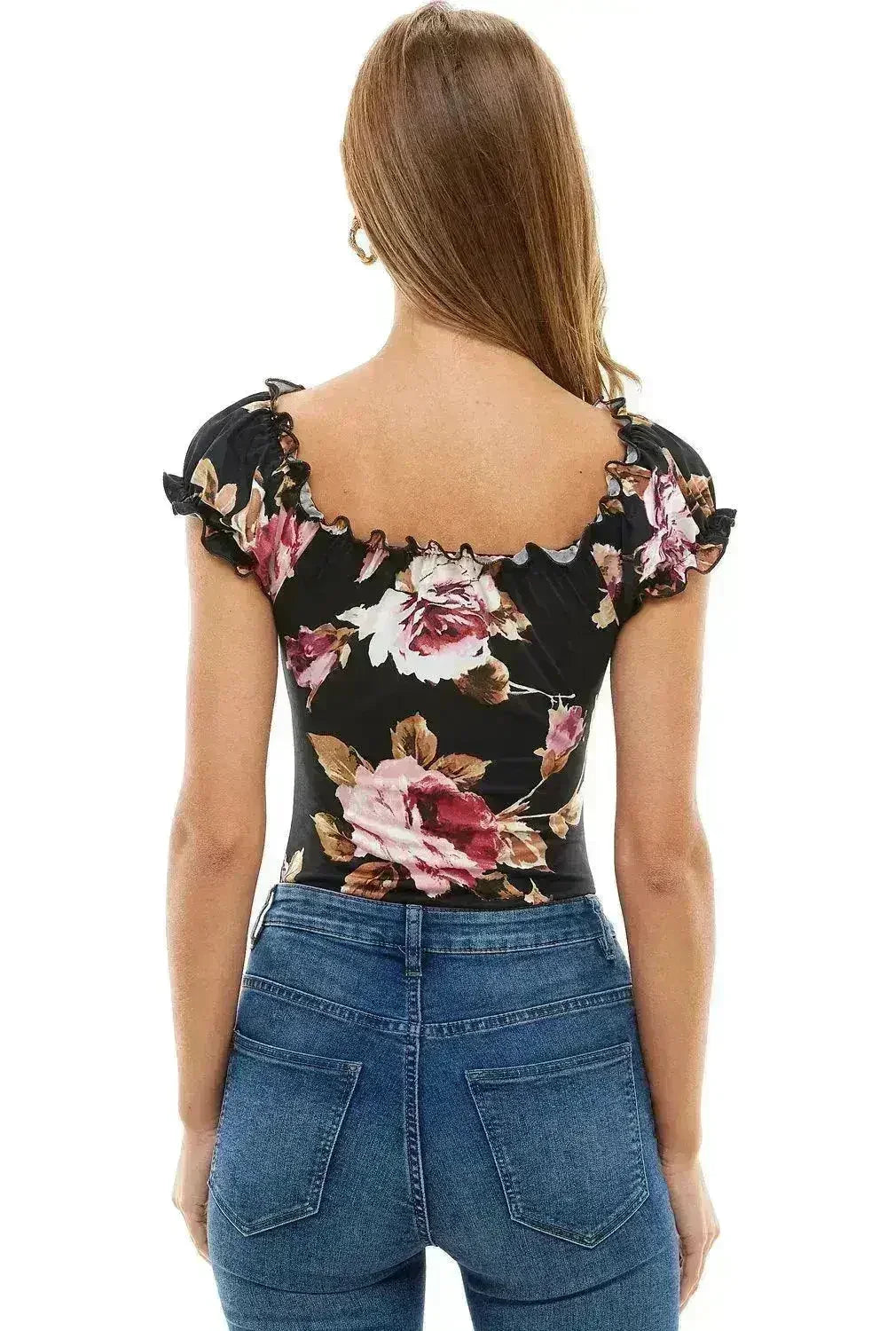 Floral Printed Peasant Style Bodysuit - Femstylo