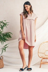 Oatmeal Frilled Trim Crewneck Loose Fit Mini Dress - Femstylo