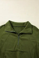Moss Green Quarter Zip Stand Neck Kangaroo Pocket Sweatshirt - Femstylo