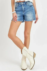 RISEN Front Slit Raw Hem Denim Shorts - Femstylo