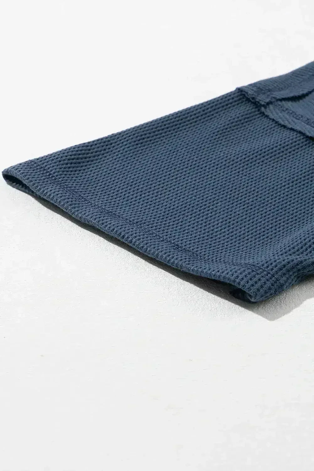 Blue Exposed Seam Drop Sleeve V Neck Waffle Textured Top - Femstylo
