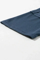 Blue Exposed Seam Drop Sleeve V Neck Waffle Textured Top - Femstylo