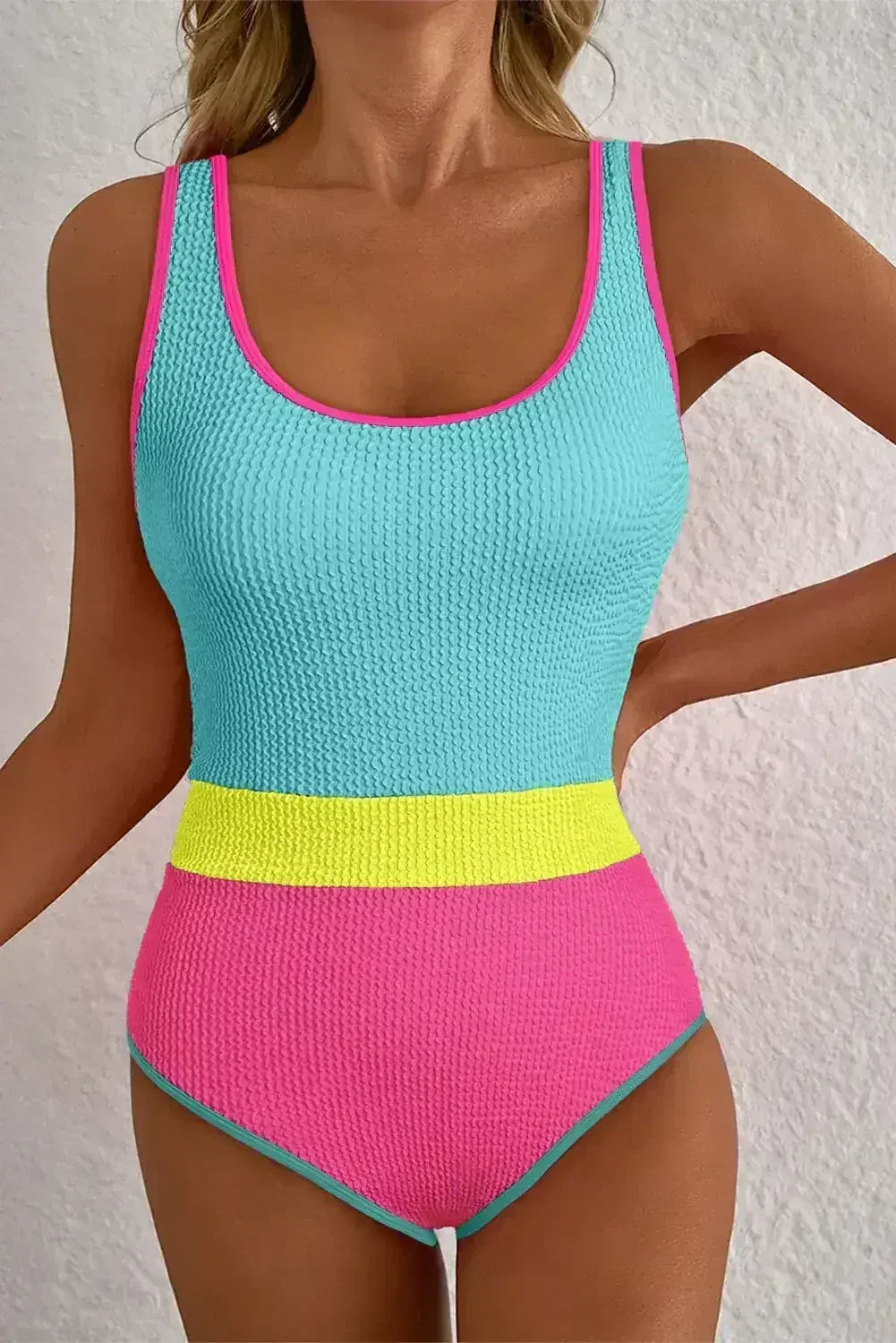 Rose Red Textured Colorblock One Piece Swimsuit - Femstylo