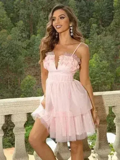 Flower Applique Mesh Patchwork Spaghetti Strap Dress - Femstylo