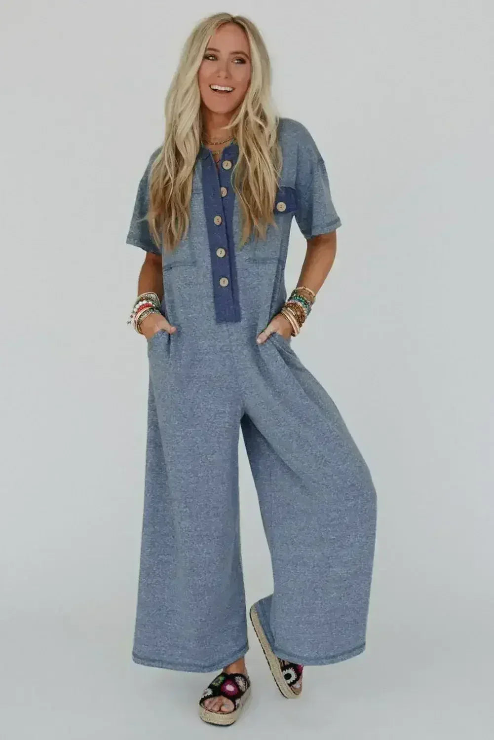 Jet Stream Patchwork Pocket Short Sleeve Jumpsuit - Femstylo