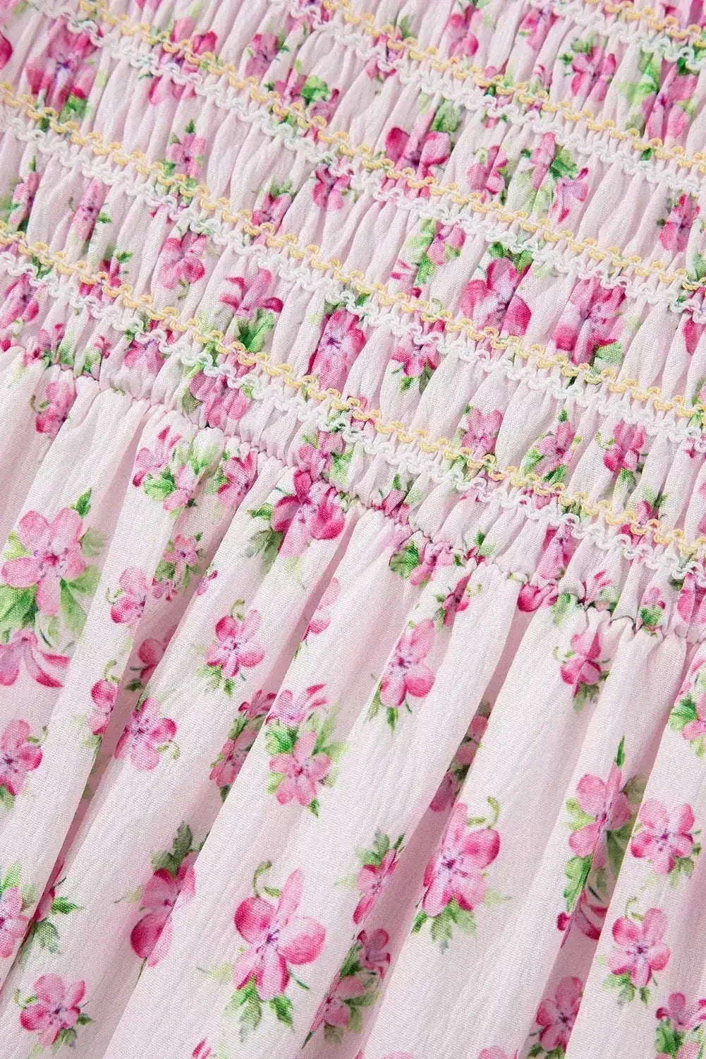 White Frill Neckline Shirred Bodice Floral Maxi Dress - Femstylo