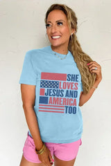 Light Blue SHE LOVES JESUS AND AMERICA TOO Patriotic T Shirt - Femstylo