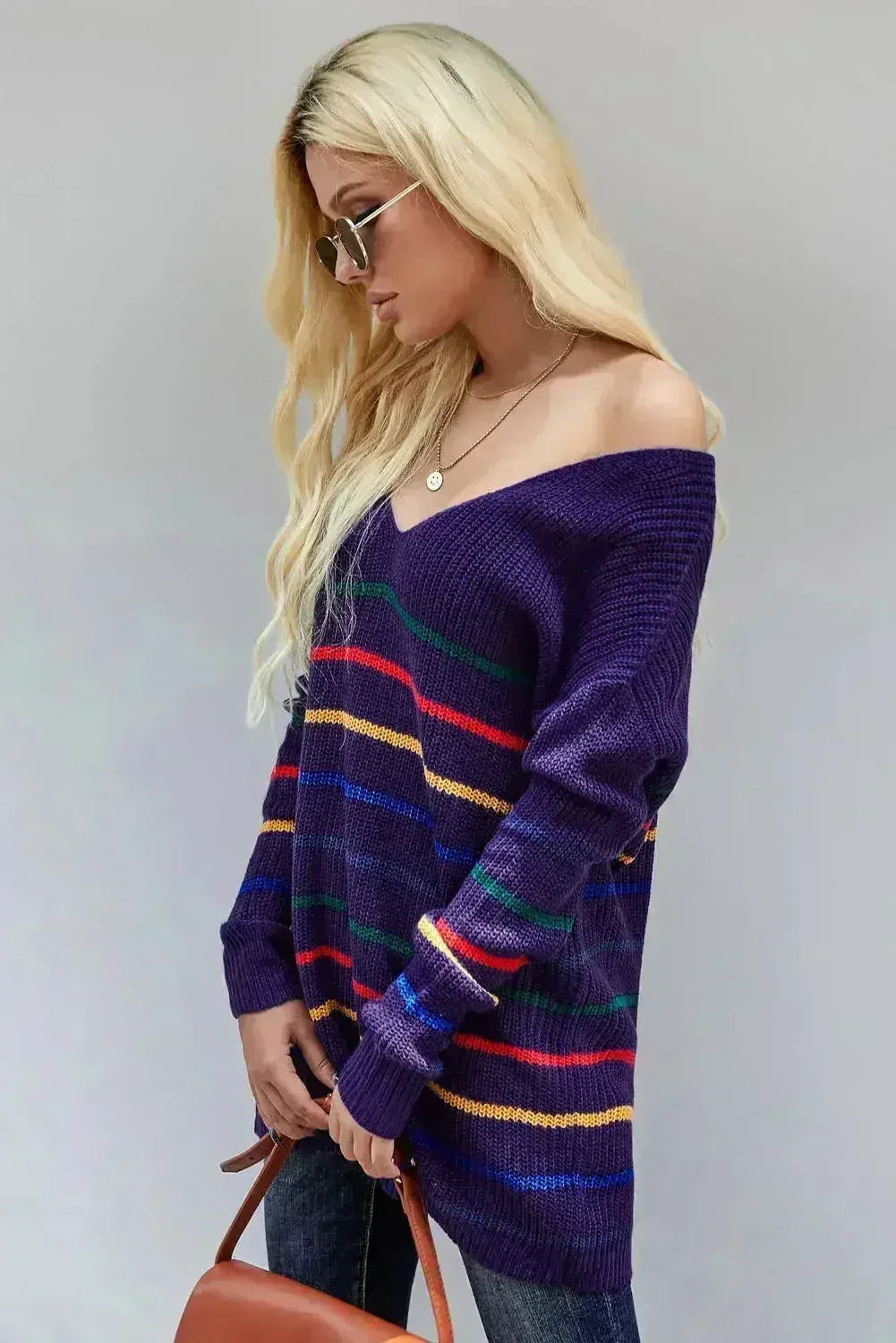 Blue Striped Loose Knit Sweater - Femstylo