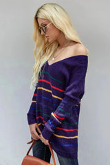 Blue Striped Loose Knit Sweater - Femstylo