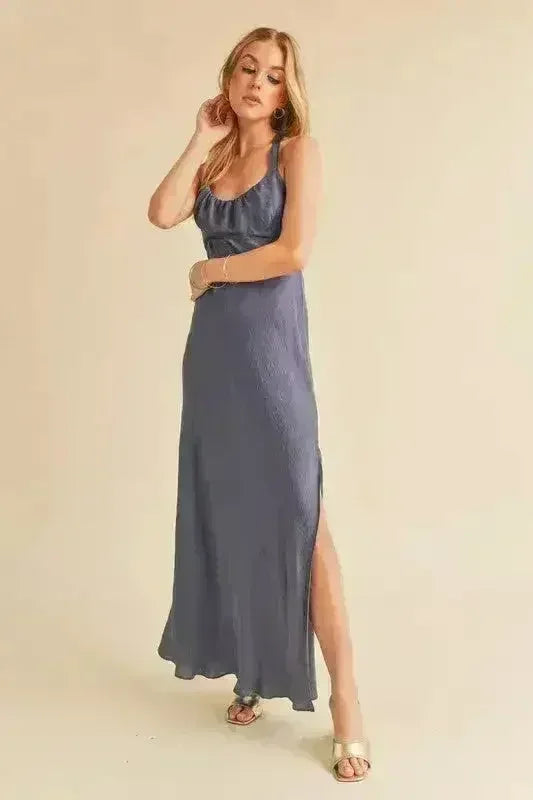 Aemi + Co Ruched Side Slit Cutout Back Maxi Cami Dress - Femstylo