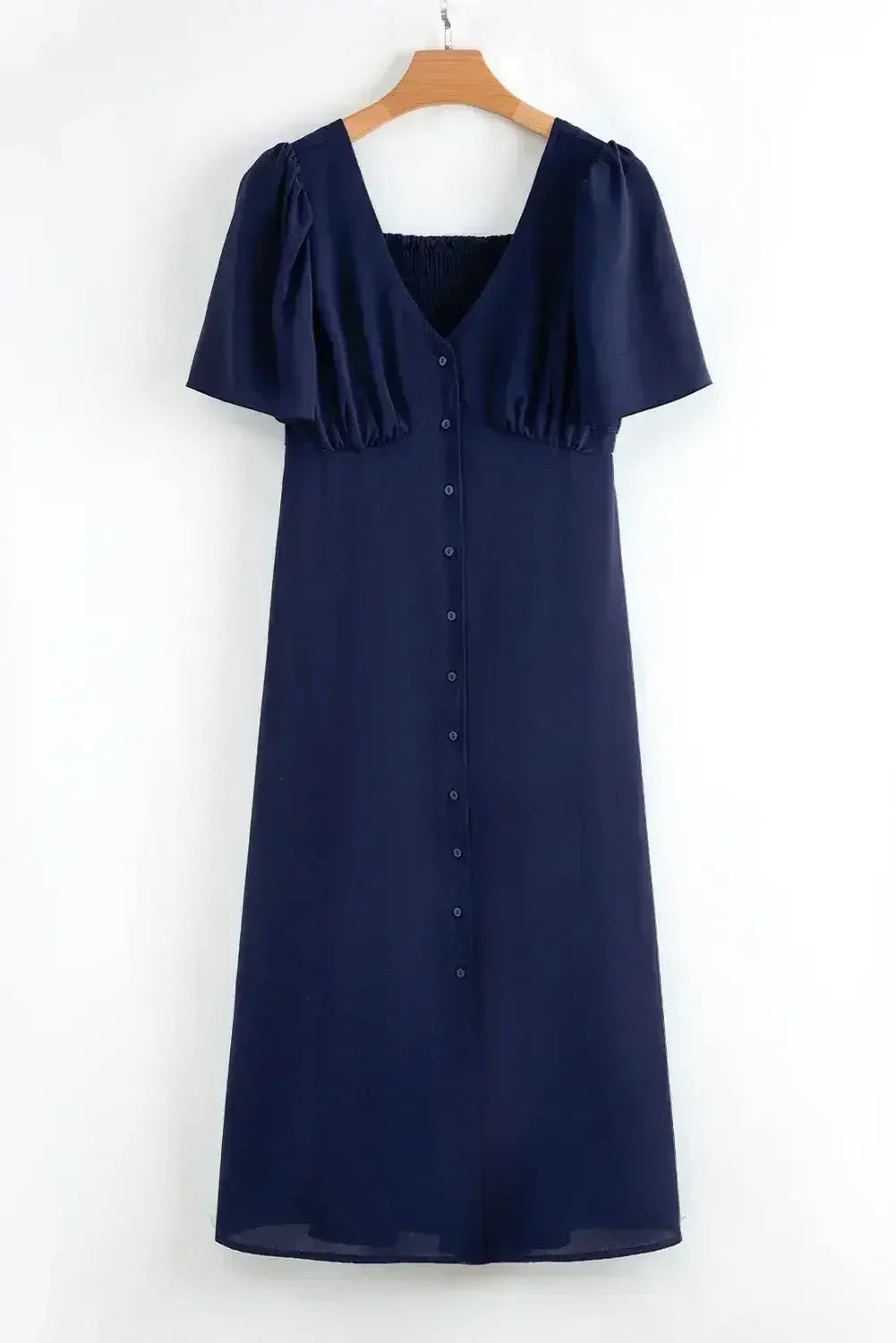 Navy Blue V Neck Buttoned Front Shirred Back Short Sleeve Midi Dress - Femstylo