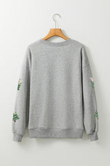 Gray Sequined Xmas Tree Patched Patterned Holiday Pullover Sweatshirt