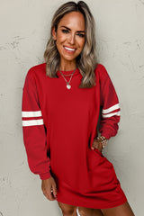 Fiery Red Preppy Striped Sleeve Loose Mini Dress