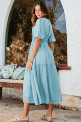 Light Blue Puff Sleeve High Waist Flowy Midi Dress - Femstylo