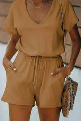 Casual Brown Short Sleeve Pocketed Knit Romper - Femstylo