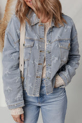 Sky Blue Bow Print Light Wash Raw Hem Denim Jacket