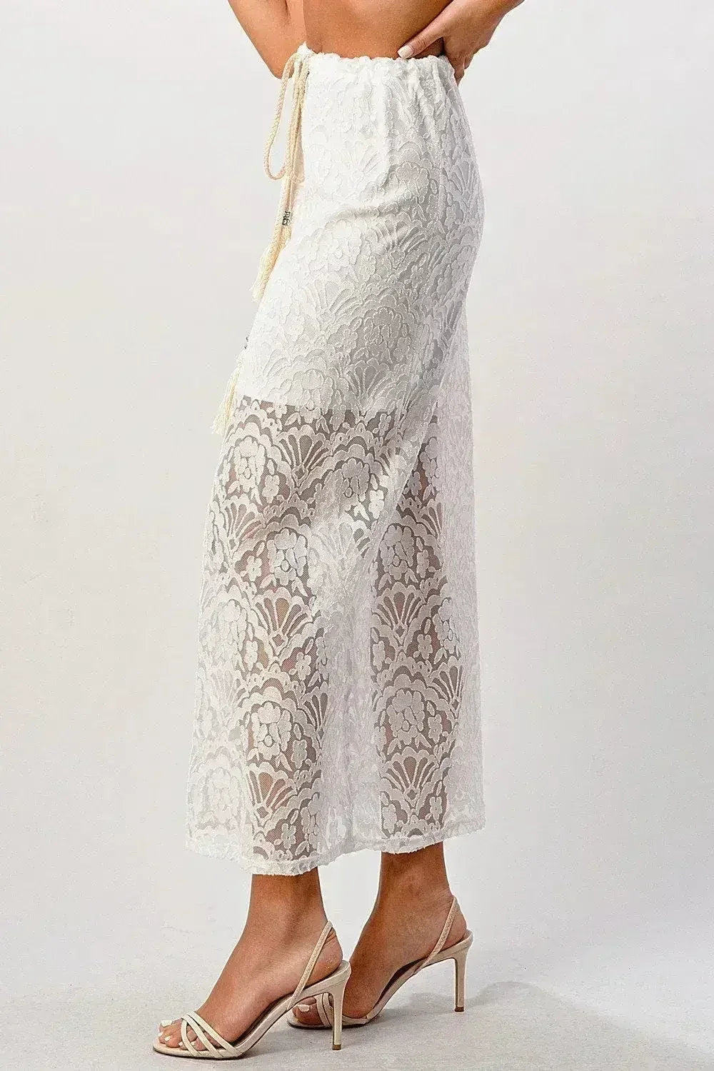 Sheer Lace Maxi Skirt with Drawstring Waist - Femstylo