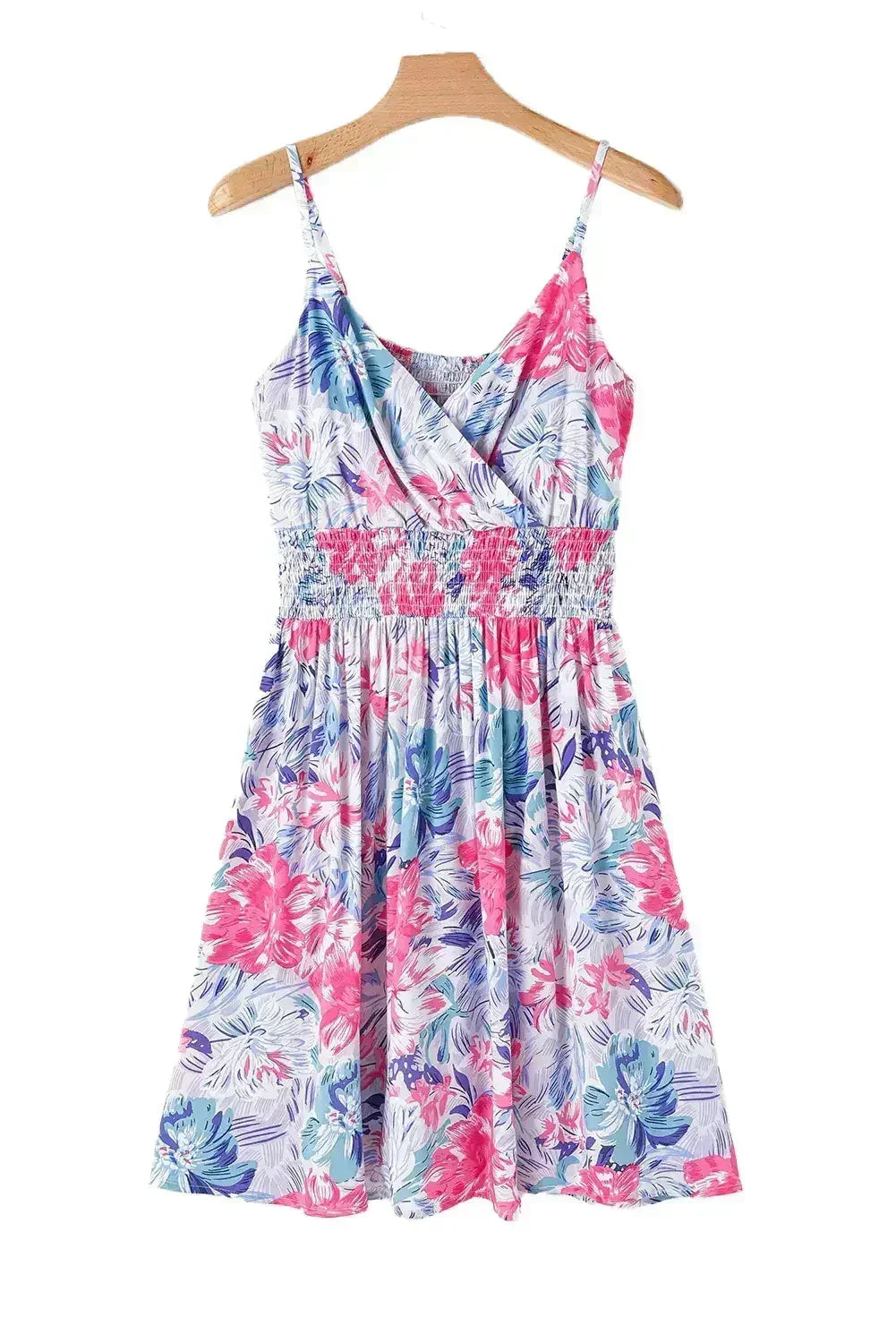 Red Floral Spaghetti Strap Surplice Neck Shirred Waist Mini Dress - Femstylo