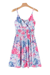 Red Floral Spaghetti Strap Surplice Neck Shirred Waist Mini Dress