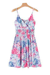 Red Floral Spaghetti Strap Surplice Neck Shirred Waist Mini Dress