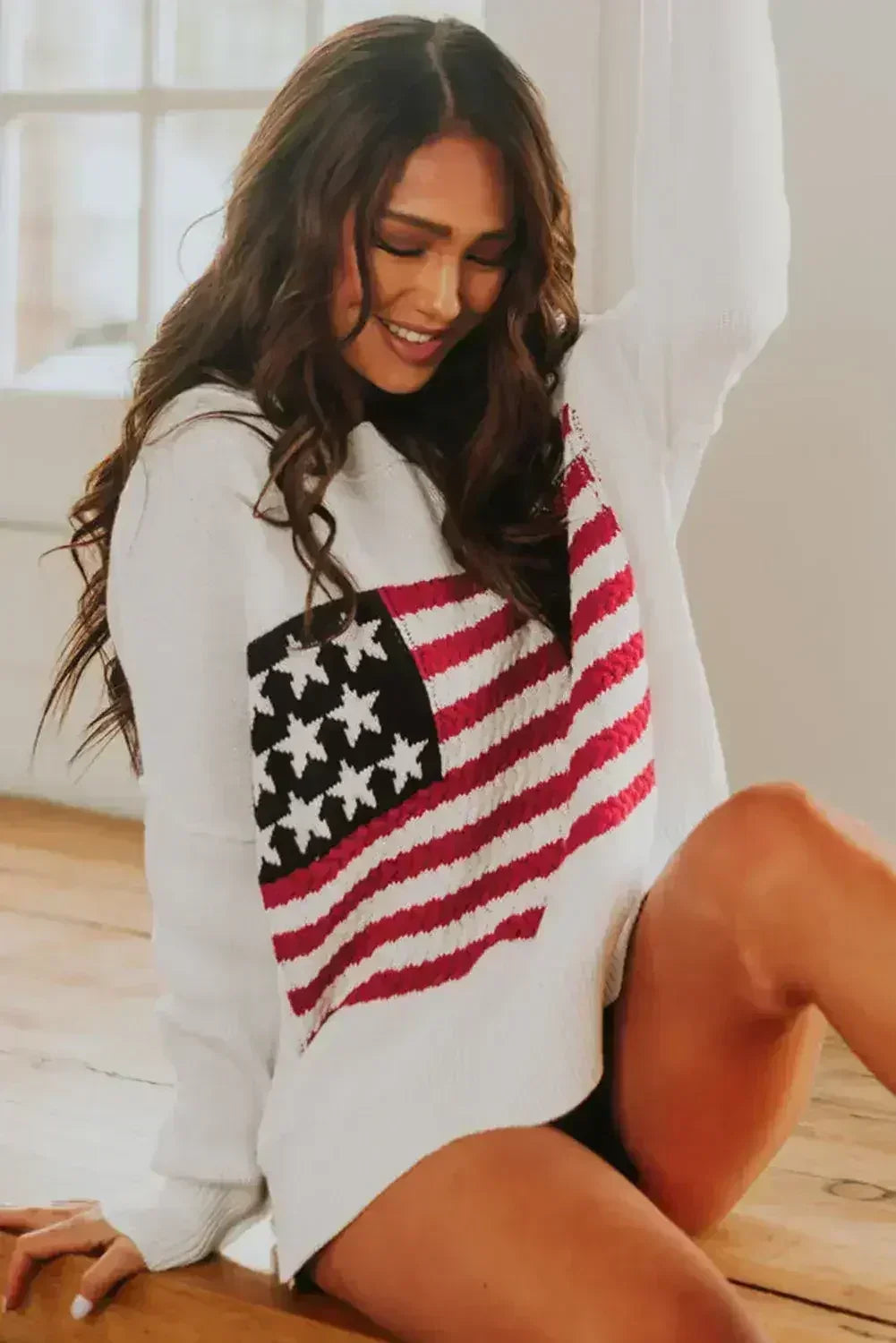 White American Flag Cable Knit Drop Shoulder Sweater - Femstylo