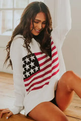 White American Flag Cable Knit Drop Shoulder Sweater - Femstylo
