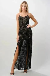 Elegant Black Lace Maxi Dress with Side Slit - Femstylo