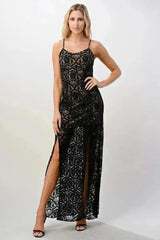 Elegant Black Lace Maxi Dress with Side Slit - Femstylo