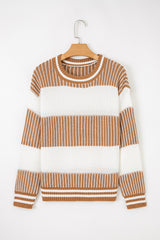 Khaki Two Tone Striped Patchwork Drop Shoulder Sweater