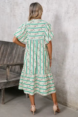 Multicolor Boho Floral Striped Tie V Neck Long Dress - Femstylo