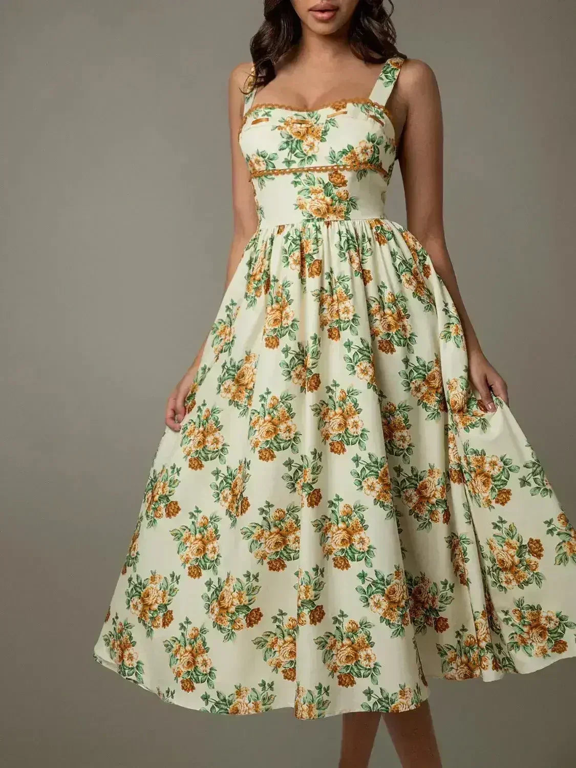 Lace Trim Floral Sleeveless Midi Dress - Femstylo