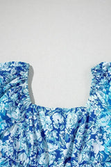 Blue Floral Puff Sleeve Babydoll Mini Dress - Femstylo