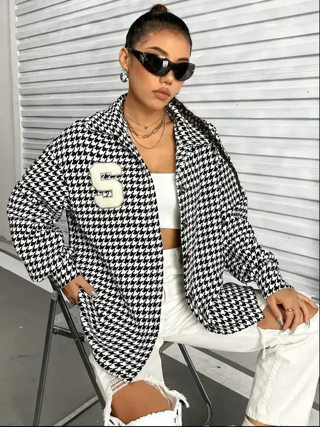 Houndstooth Button Down Long Sleeve Shacket - Femstylo