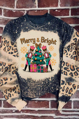 Black Merry&Bright Christmas Nutcracker Heat Transfer Printing Leopard Tie Dye Bleached Baggy Sweatshirt