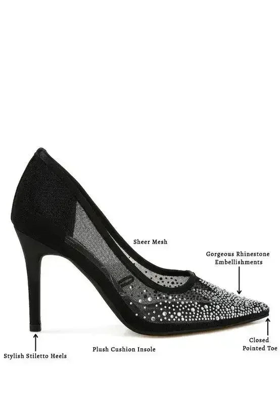 High Ball Mesh Rhinestone Stiletto Pumps - Femstylo