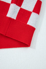 Red Checkered Christmas Tree Pattern Button V Neck Knit Cardigan