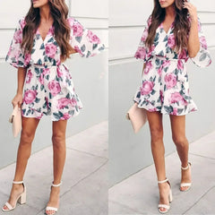 Printed Flared Short-Sleeved Lace-Up Jumpsuit Skirt - Femstylo