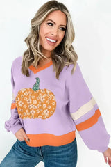 Orchid Bouquet Floral Pumpkin Graphic Color Block Sleeve Sweatshirt - Femstylo