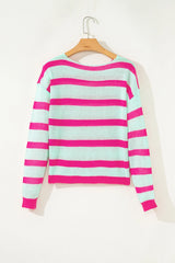 Green Striped Round Neck Colorblock Knit Sweater