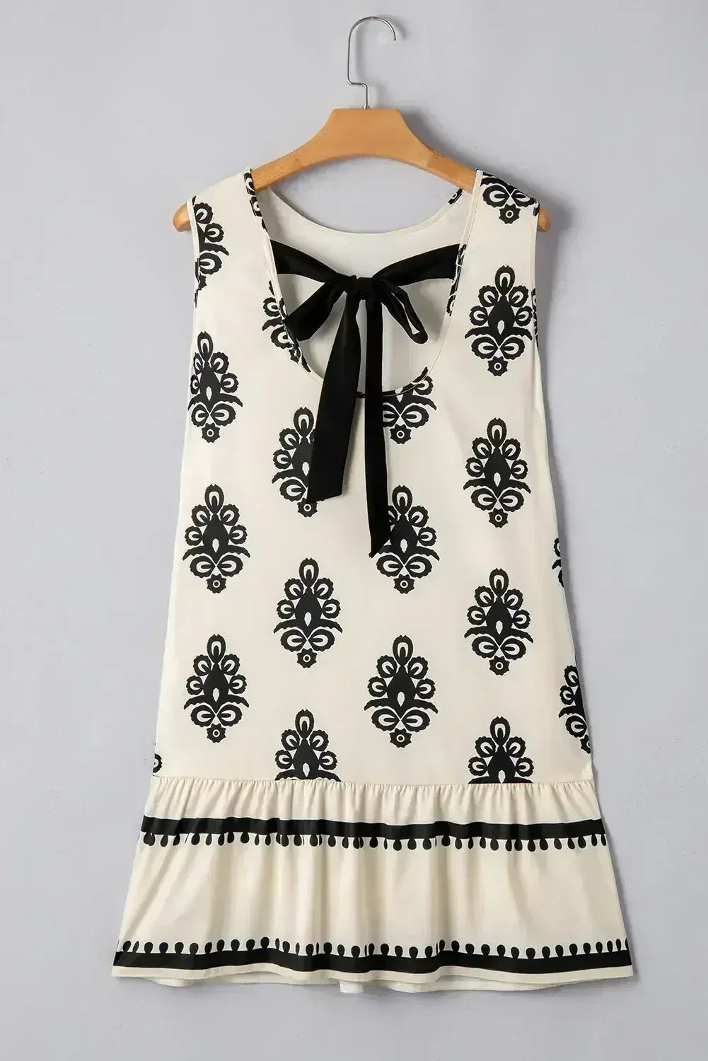 Beige Geometric Printed Sleeveless Hollowed Bowknot Back Mini Dress - Femstylo