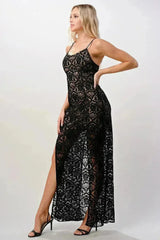 Elegant Black Lace Maxi Dress with Side Slit - Femstylo