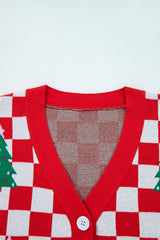 Red Checkered Christmas Tree Pattern Button V Neck Knit Cardigan