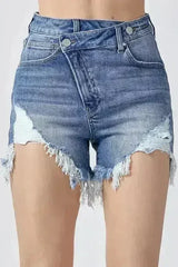 RISEN Raw Hem Asymmetrical Waist Denim Shorts - Femstylo