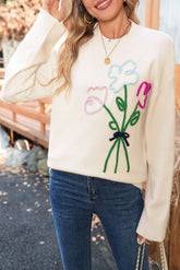 White Floral Embroidered Drop Sleeve Knit Sweater