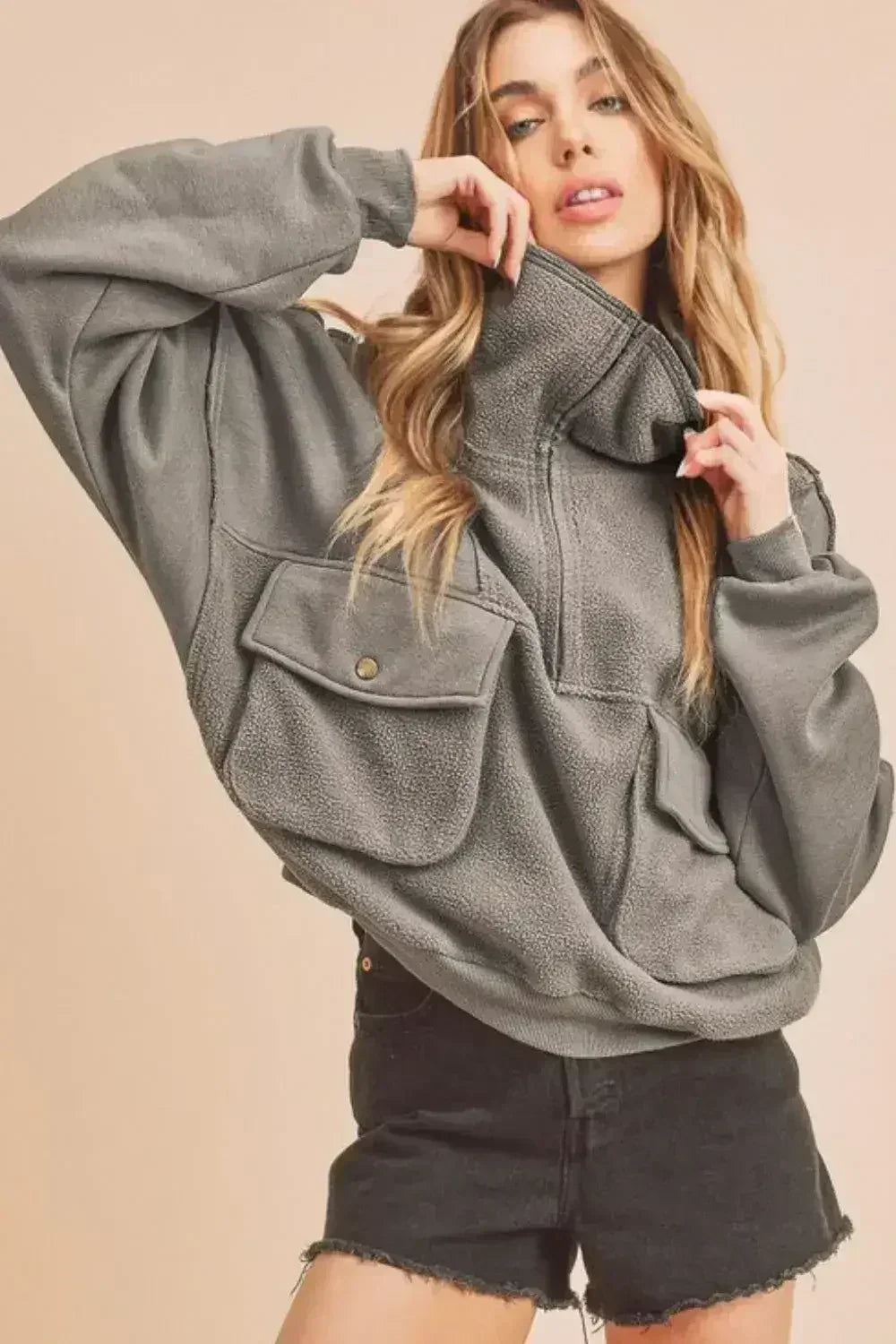 Aemi + Co Exposed Seam Half Zip Sweatshirt with Pockets - Femstylo