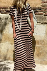 Black Striped Side Pockets T-shirt Maxi Dress - Femstylo