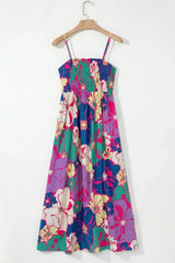 Purple Floral Print Shirred Spaghetti Strap Loose Maxi Dress - Femstylo
