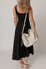 Black Sleeveless Scoop Neck Flared Split Midi Dress - Femstylo