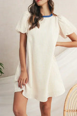 Beige Striped Print Puff Sleeve Textured Mini Dress - Femstylo