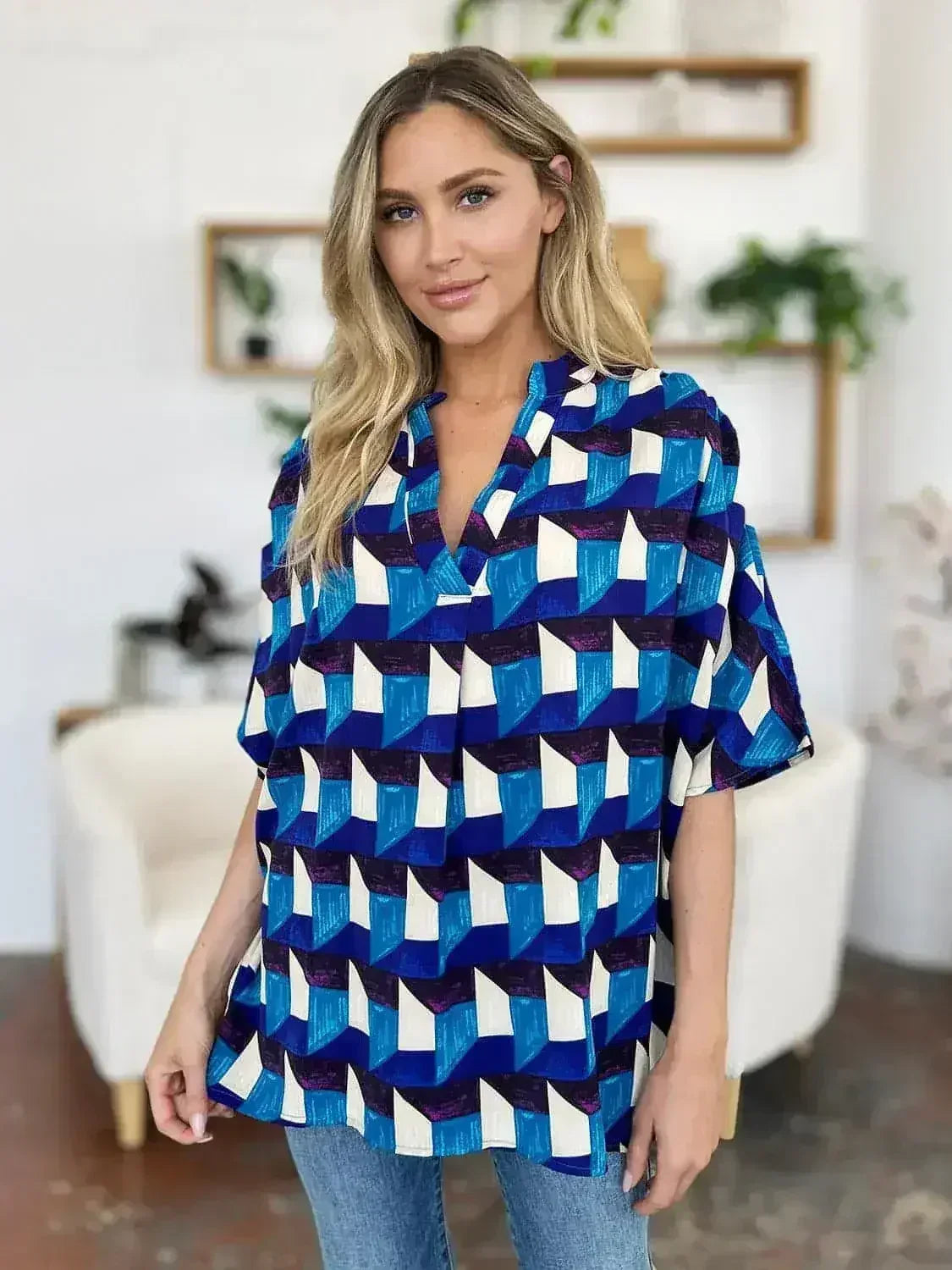 Geometric Notched Sleeve Blouse - Versatile Top | Femstylo - Femstylo